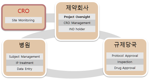 임상시험 참여기관 관계도 - 의뢰자, CRO, 실시기관, 규제당국