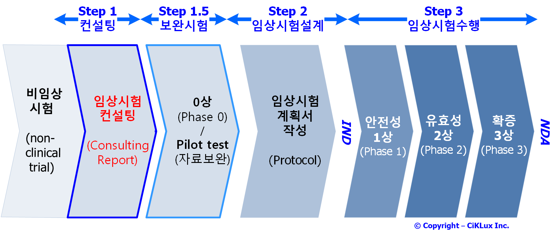 사이클룩스 임상시험 업무 범위 - 컨설팅부터 과제관리까지의 순서도